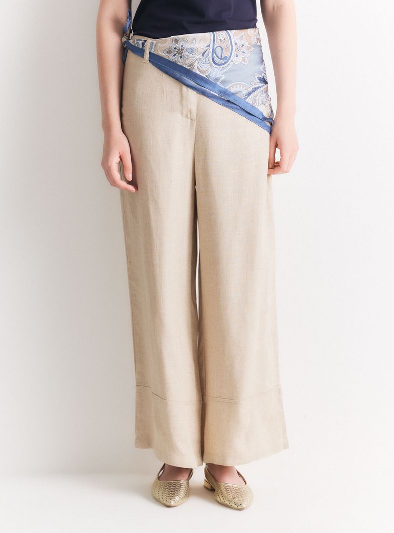 Pantalón Palazzo con Lino y Pañuelo Decorativo