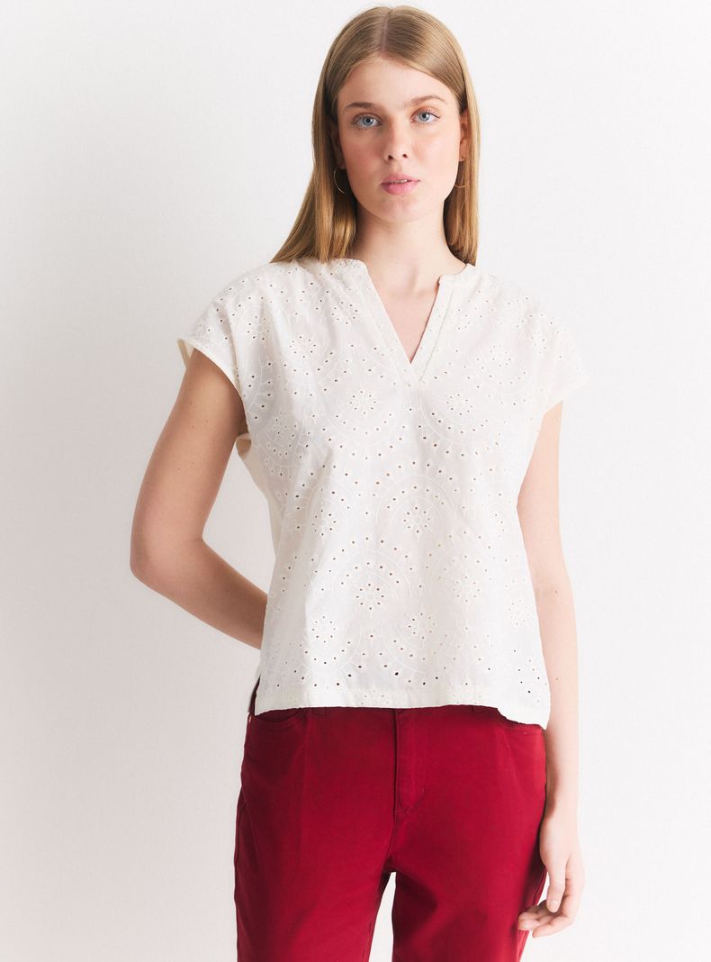 Polera Mezcla de Telas Manga Corta Cuello V