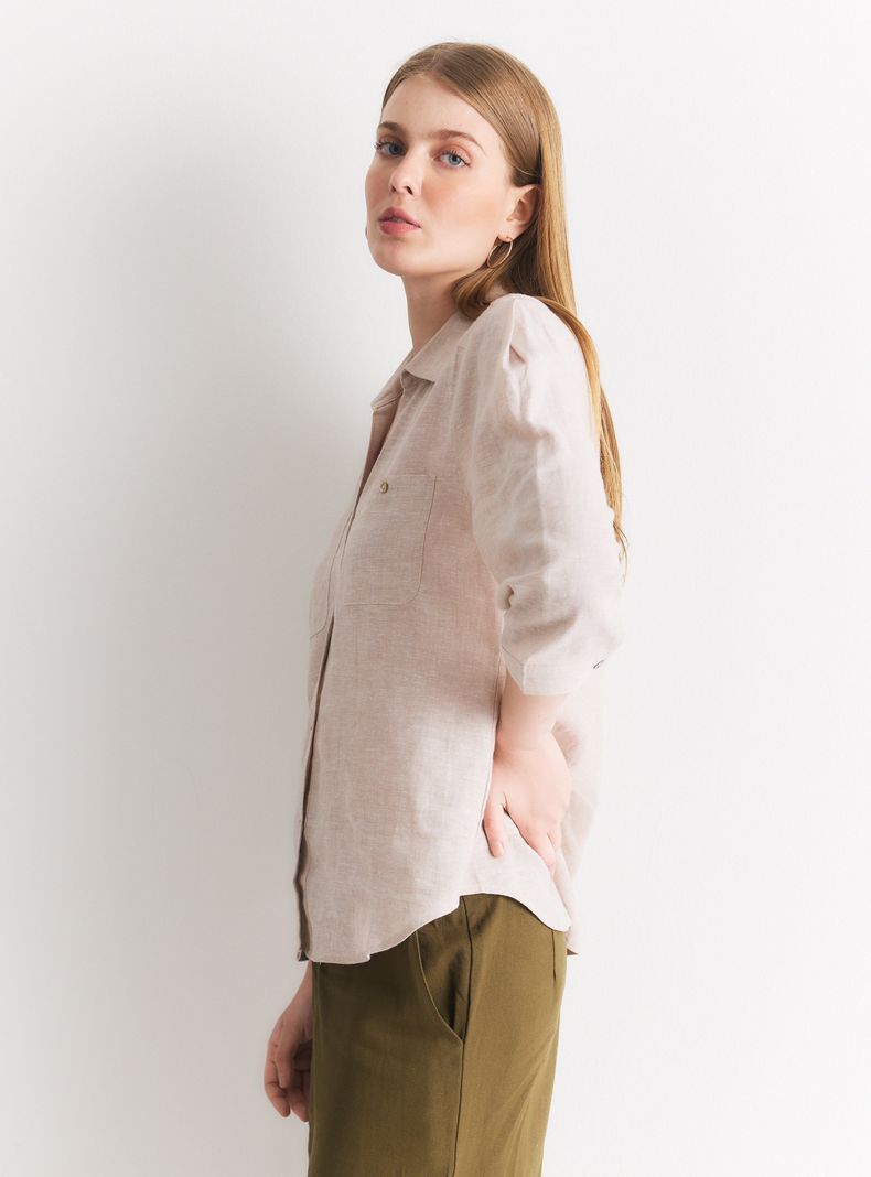 Blusa con Lino Cuello Camisero Botones Frontales