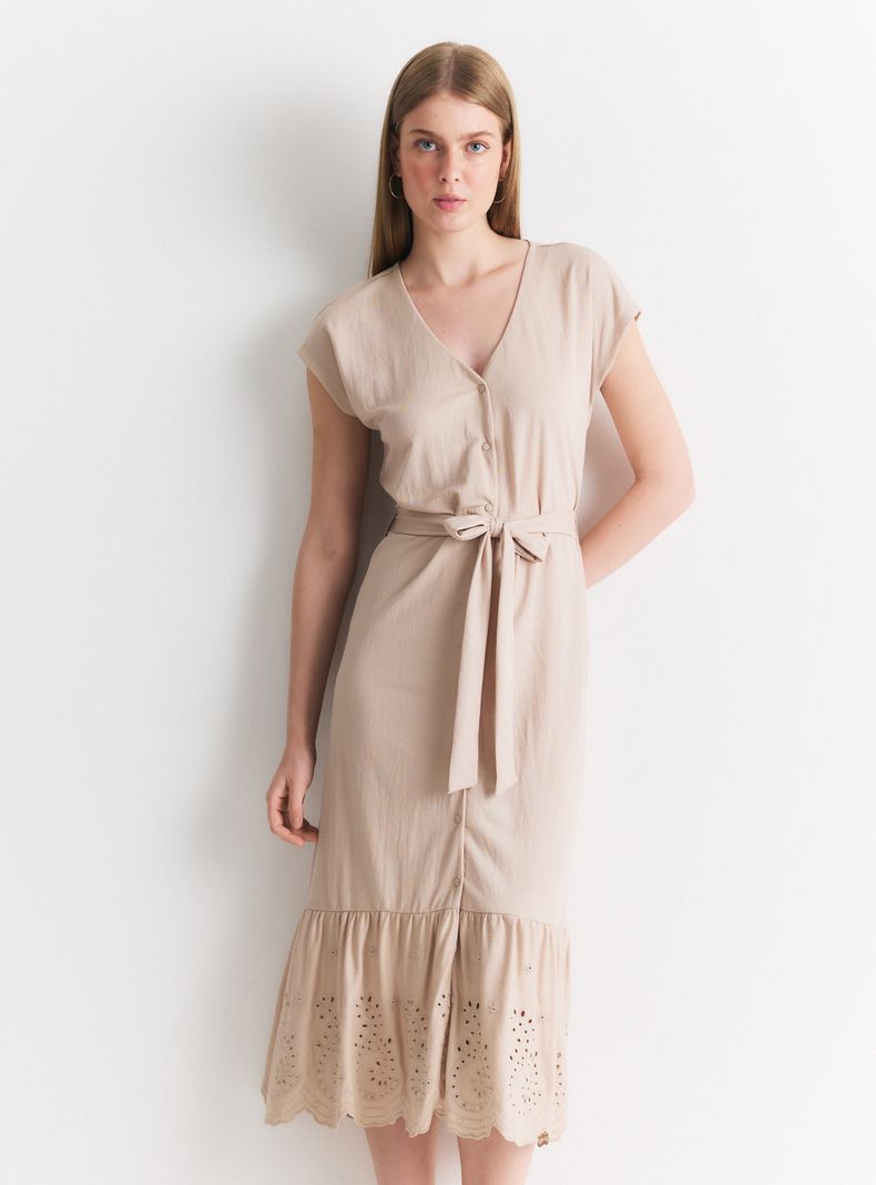 Vestido Midi Manga Corta Cuello V con Botones y Lazo
