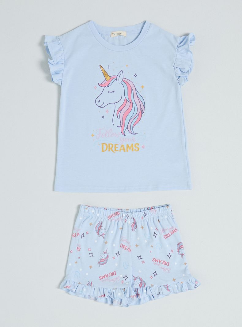 Pijama Manga Corta con Vuelos y Estampado Niña