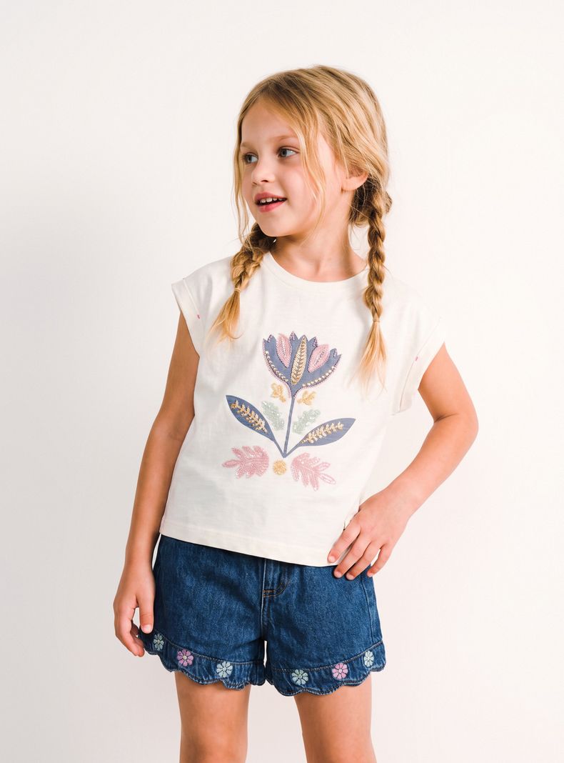 Polera Estampada con Bordado de Mostacillas Niña