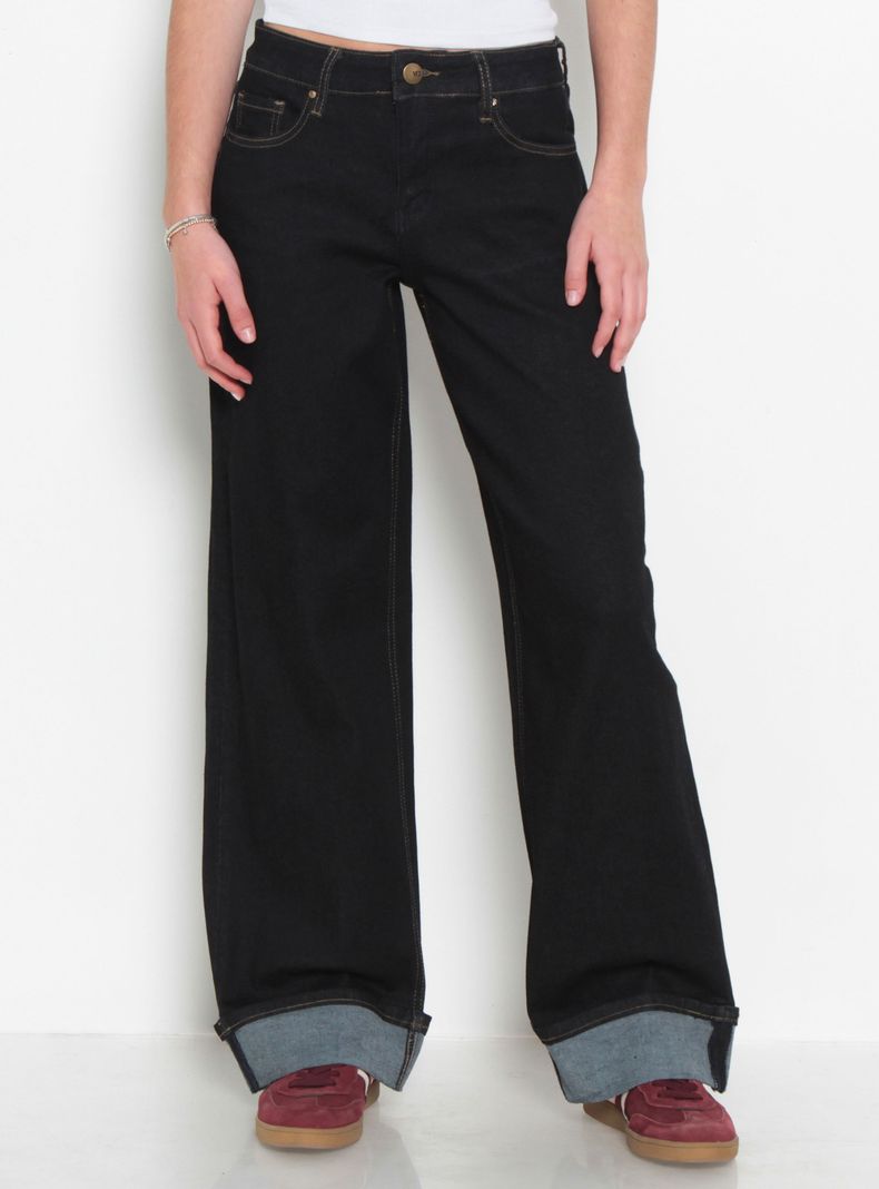 Jeans Wide Leg Cuffed Tiro Alto Pretina Básica 1 Botón