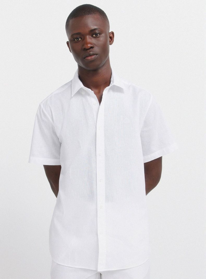 Camisa Manga Corta Lino Logo Bordado