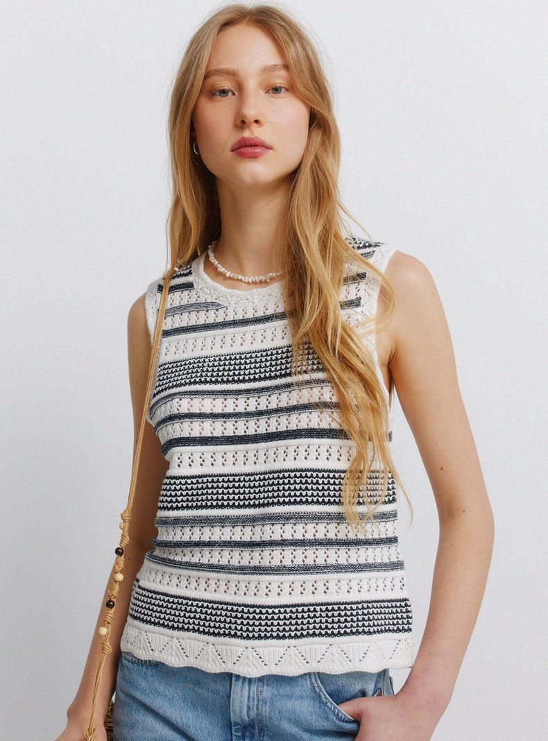 Top Crochet Rayas Cuello Redondo