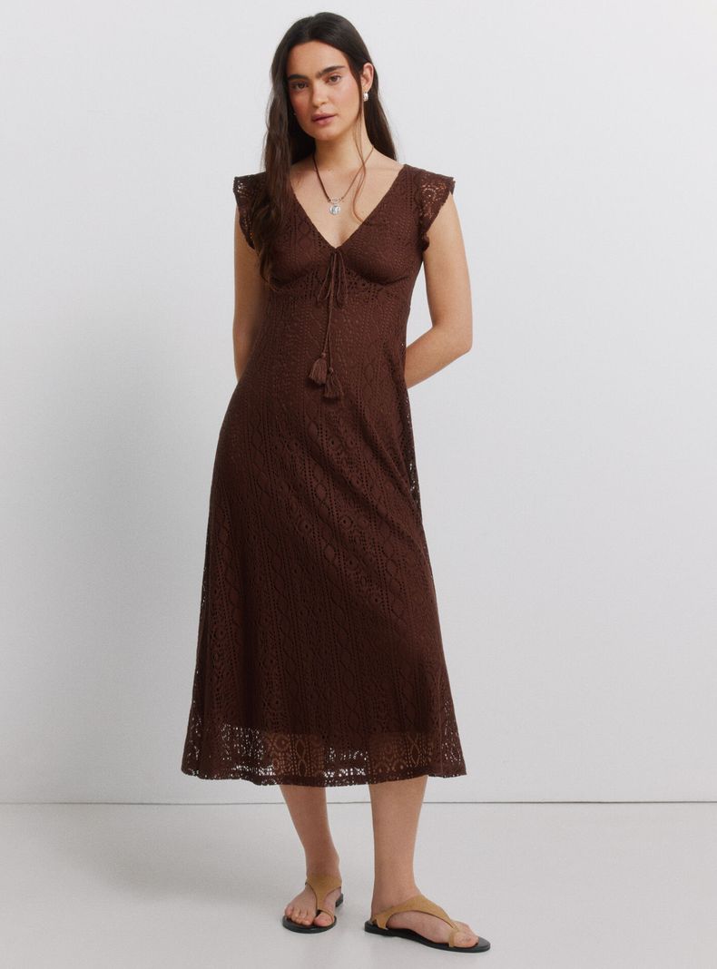Vestido Midi Manga Corta Volantes