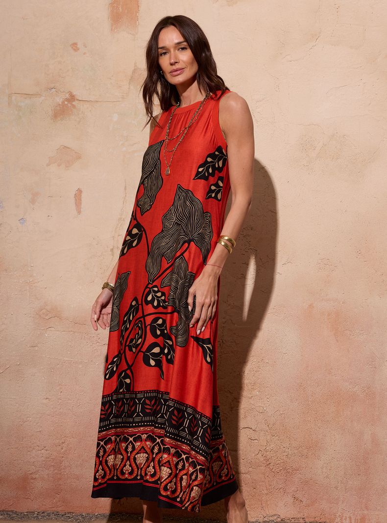 Vestido Satinado Full Print Cuello Tejido