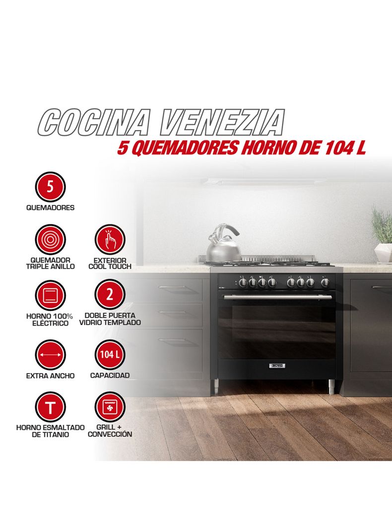 Cocina a Gas 5 Quemadores Venezia Negro-4