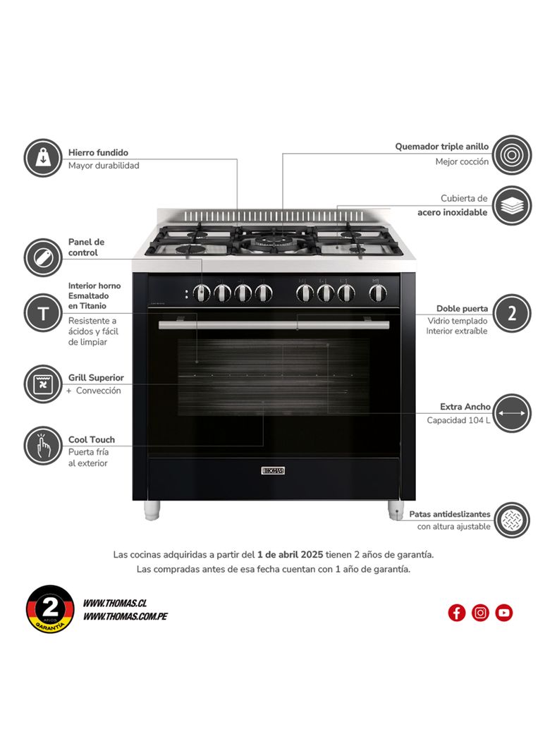 Cocina a Gas 5 Quemadores Venezia Negro-1