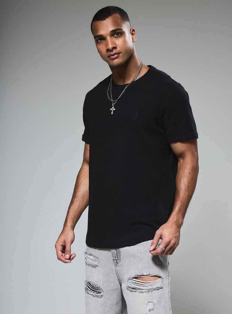 Polera Long Fit Tela Líneas Manga Corta