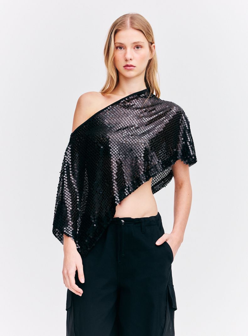 Polera Poncho Asimétrico Hombro Descubierto Lentejuelas