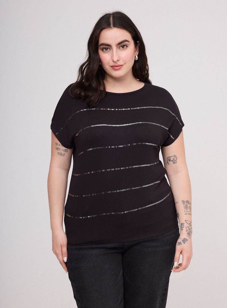 Polera Manga Corta Cuello Redondo Estampado Brillos