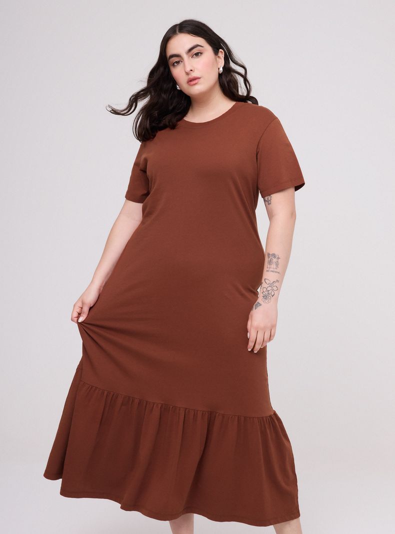 Vestido Maxi Manga Corta Cuello Redondo Volante Inferior