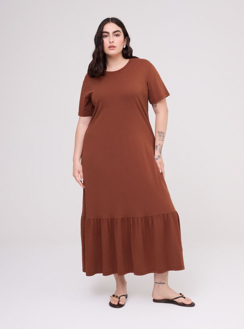 Vestido Maxi Manga Corta Cuello Redondo Volante Inferior