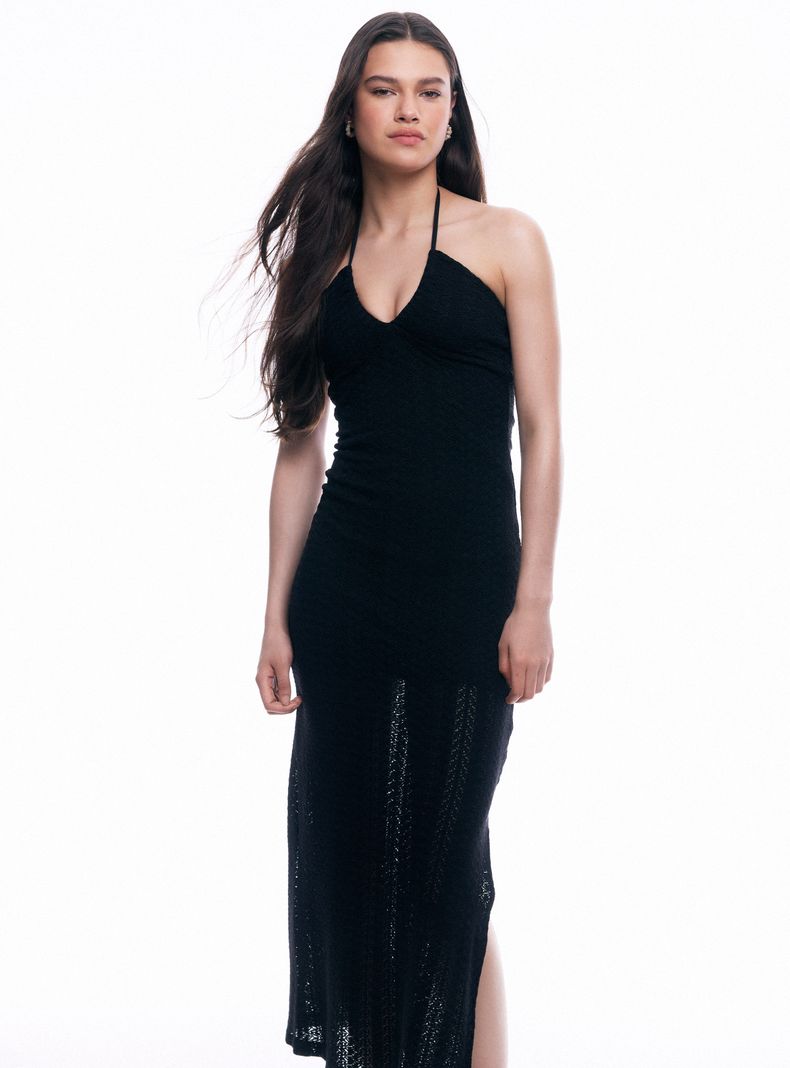 Vestido Halter Escote V Tejido Calado