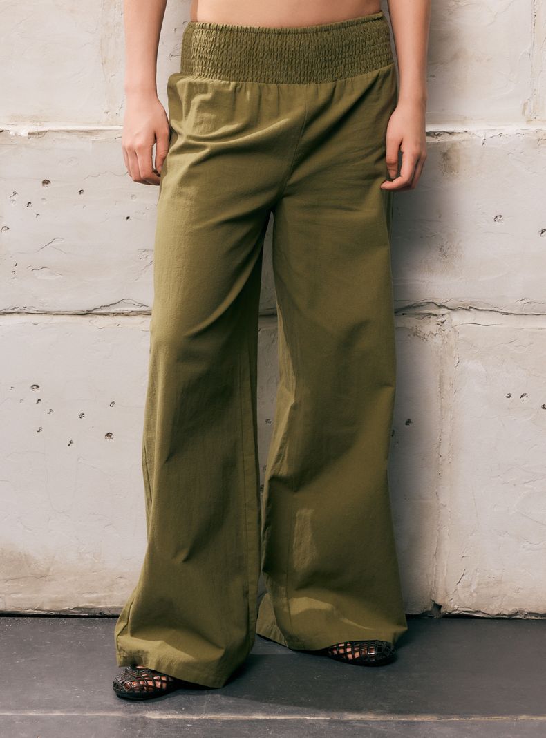 Pantalón Wide Leg Tiro Alto con Pretina Fruncida