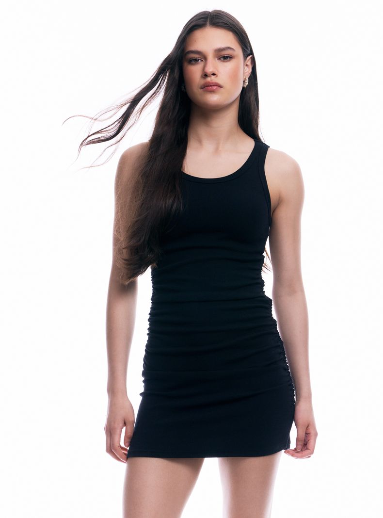 Vestido sin Manga Cuello Redondo y Frunce en Costados