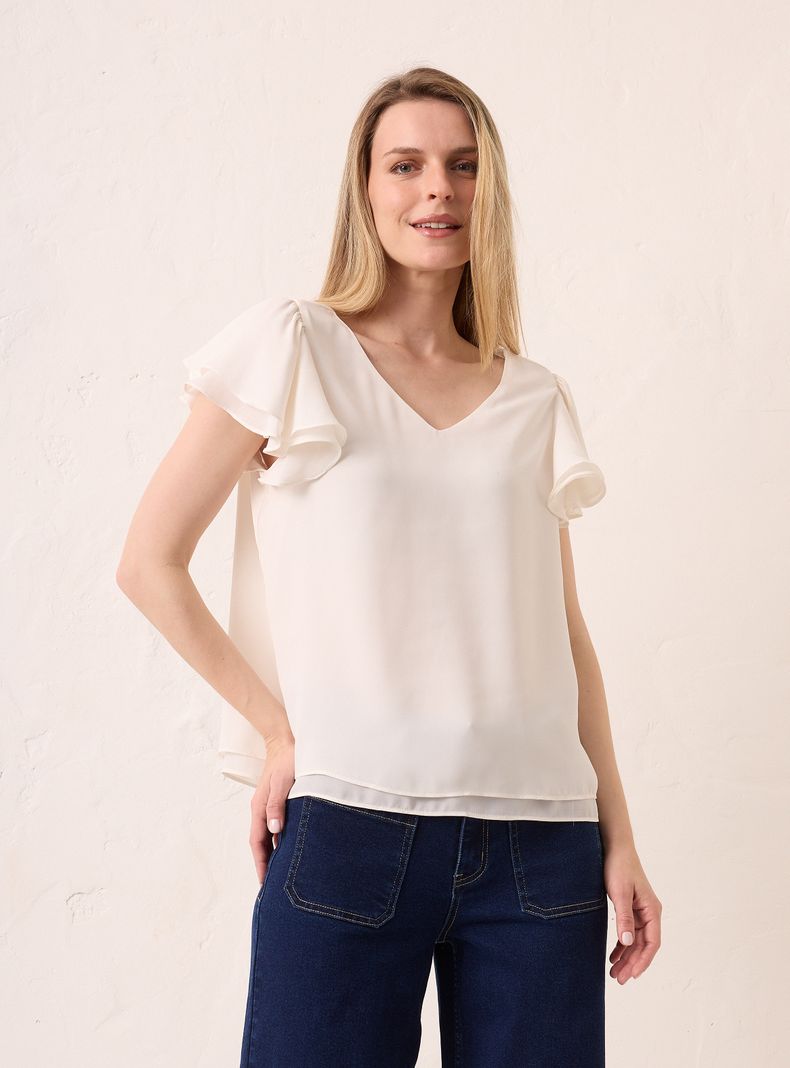 Blusa Escote V con Manga Vuelos en Capas