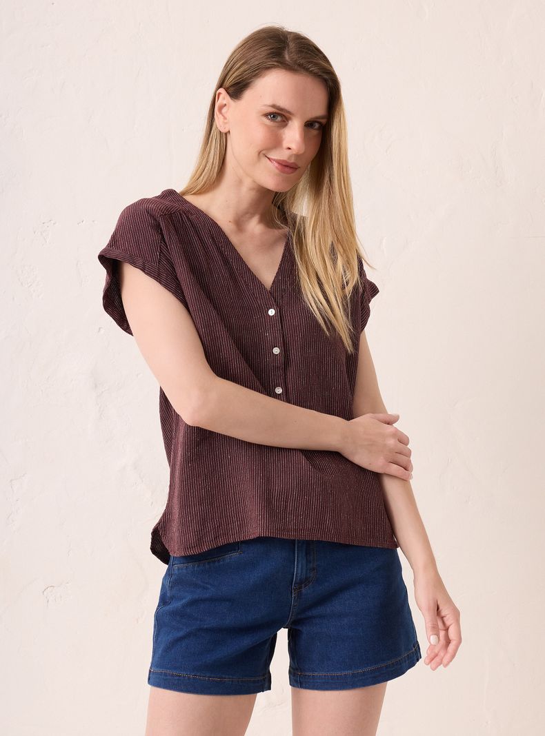 Blusa Escote en V con Mitad Abertura en Delantero