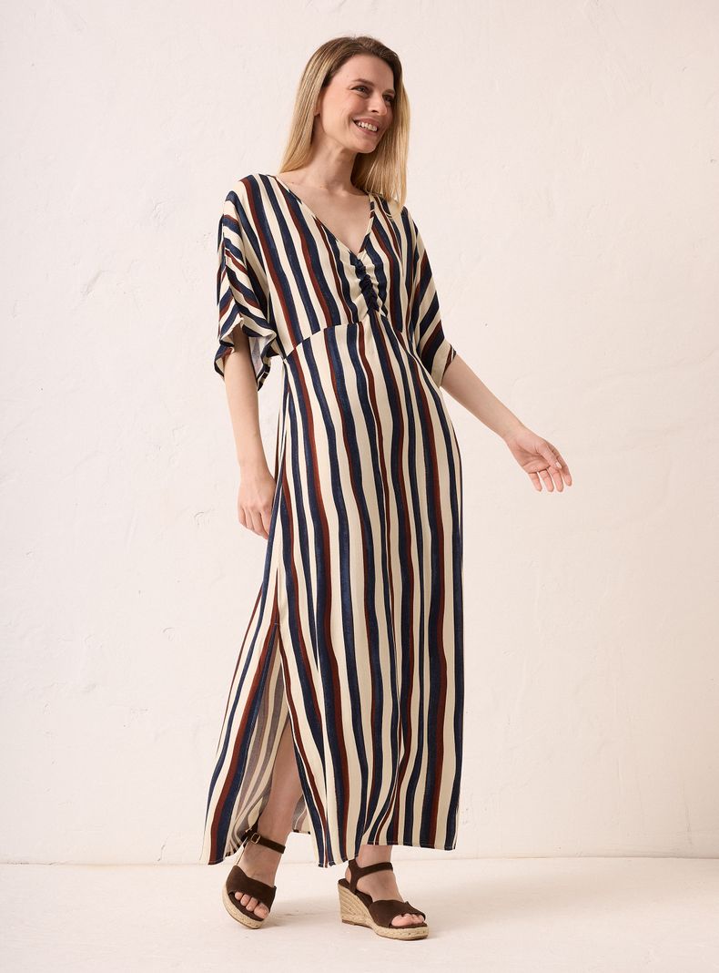 Vestido Largo con Recogido en Escote y Manga Caída Ancha