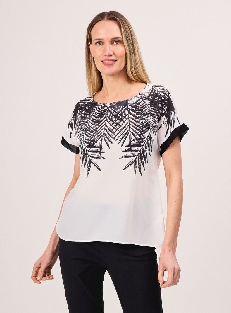 Polera Floral Pecho Manga Corta Bicolor Cuello Redondo