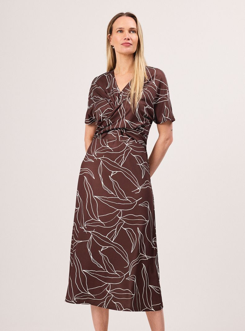 Vestido Midi Manga Corta Cuello V Estampado Hojas