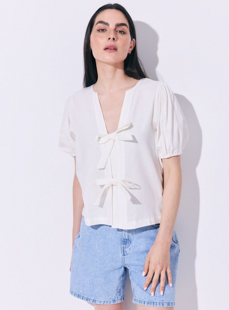 Blusa Lino Manga Abullonada y Lazos