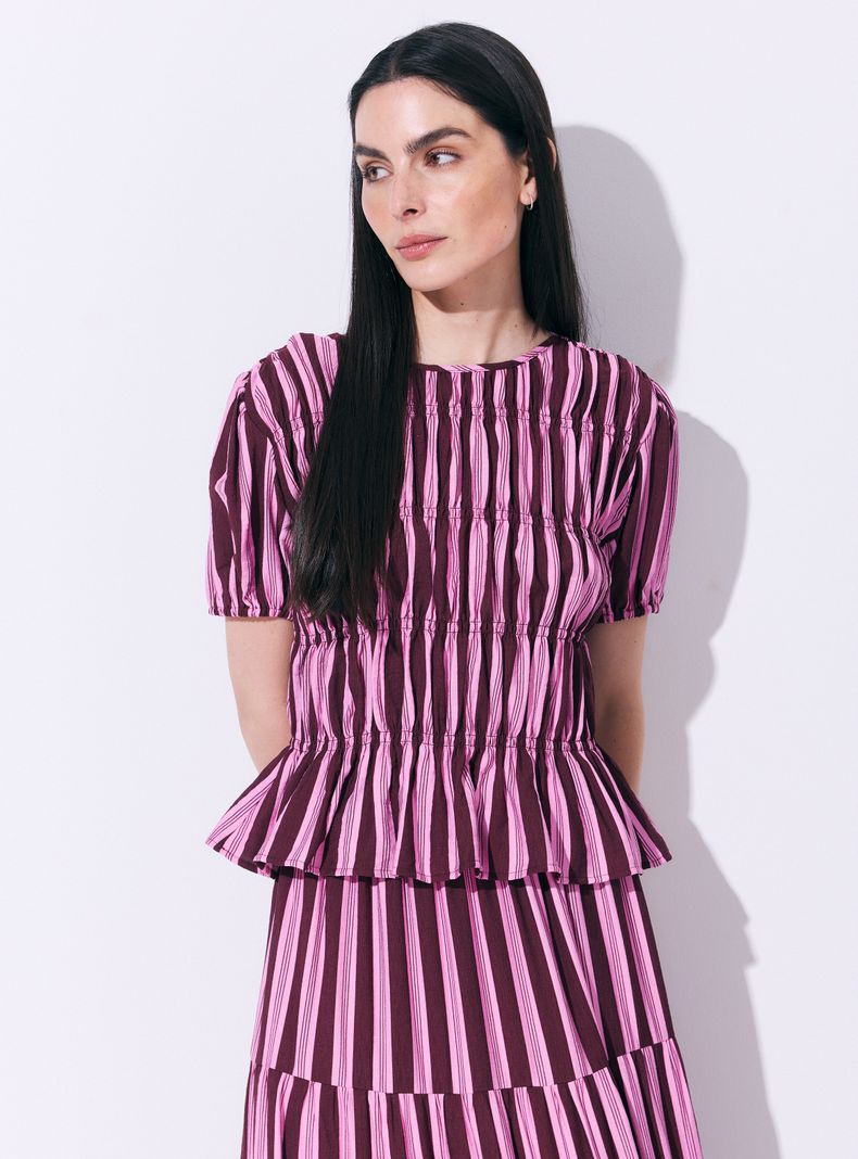 Blusa Manga Corta Estampada con Frunces Elásticos