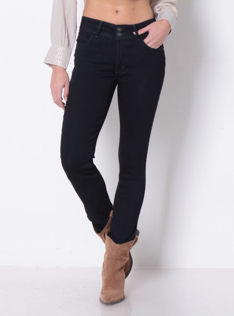 Jeans Slim Escultural Tiro Alto Pretina Ancha 3 Botones