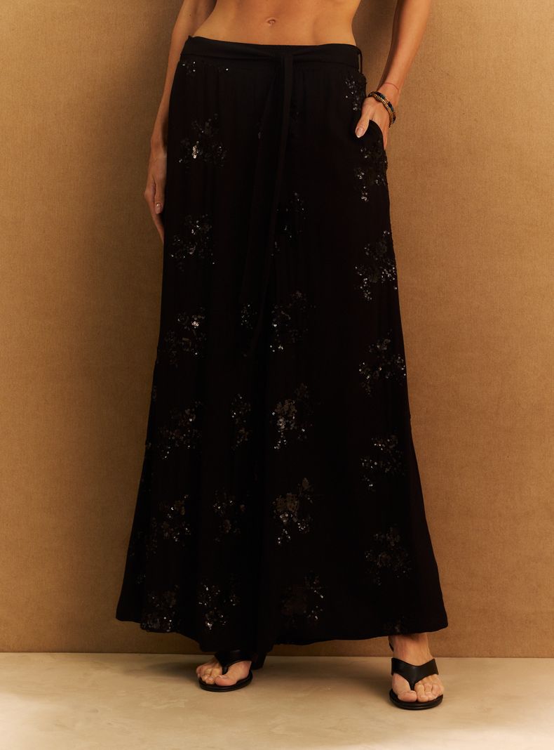 Pantalón Bordado con Lentejuelas y Cintura Elasticada