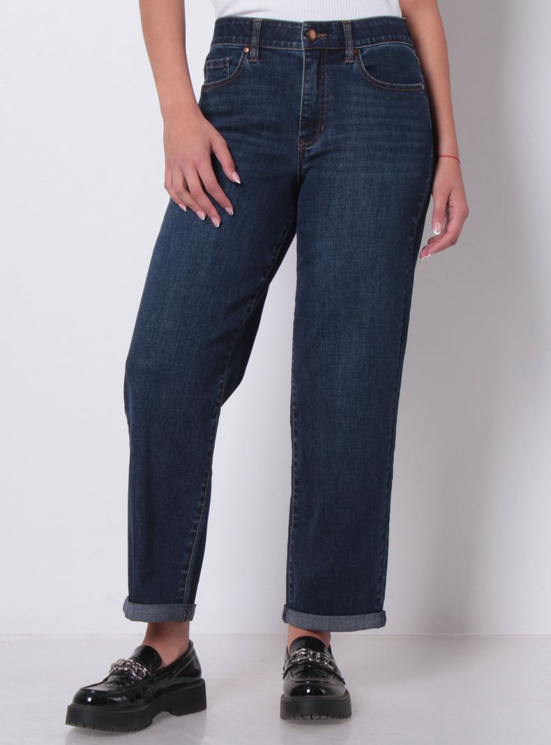 Jeans Recto Roll Up Tiro Alto Pretina Básica con 1 Botón