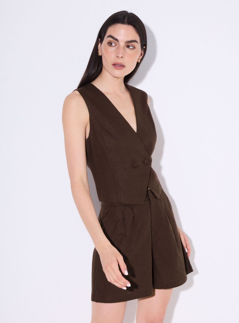 Blazer Vest Cruzado Lino Escote V