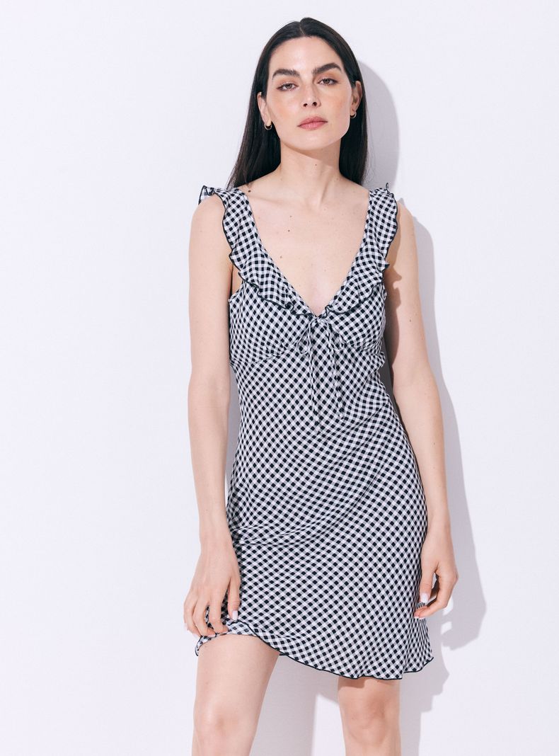 Vestido Mini Estampado con Escote V y Volantes