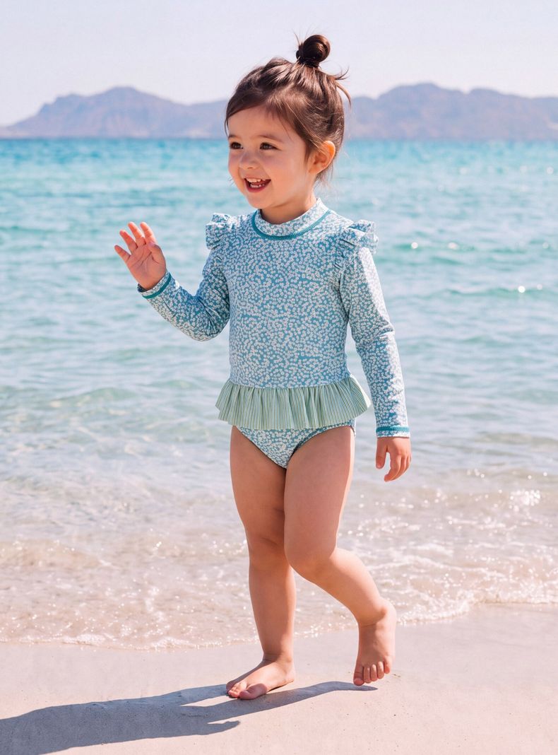 Traje de Baño Doble Estampado con Volados Niña