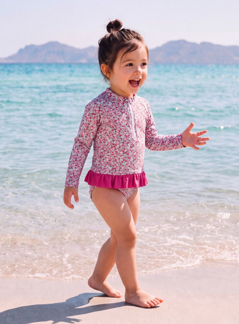 Traje de Baño Polera Uv Estampado Rayas y Flores