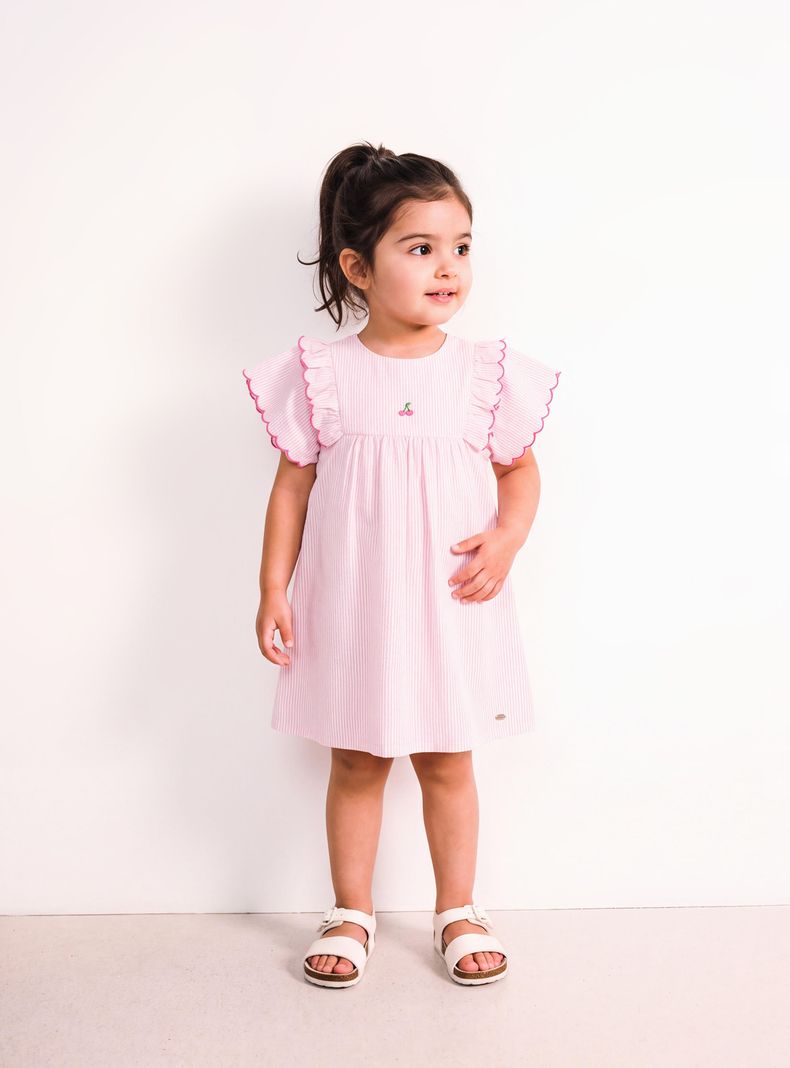 Vestido Raya Vertical con Volados y Bordado Cereza