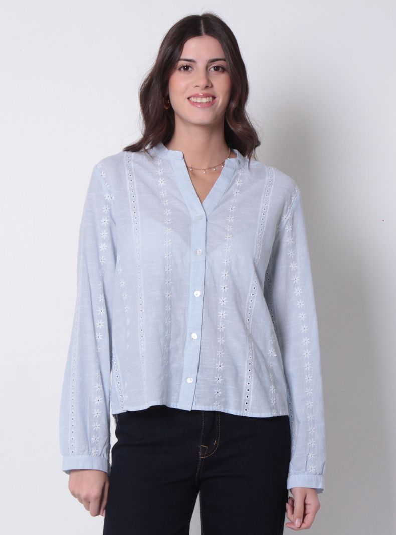 Blusa Embroidery Manga Larga Abotonada Escote V