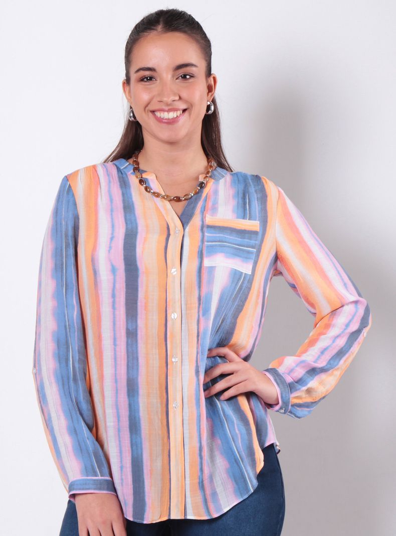 Blusa Manga Larga Listada Abotonada en Delantero y Bolsillo