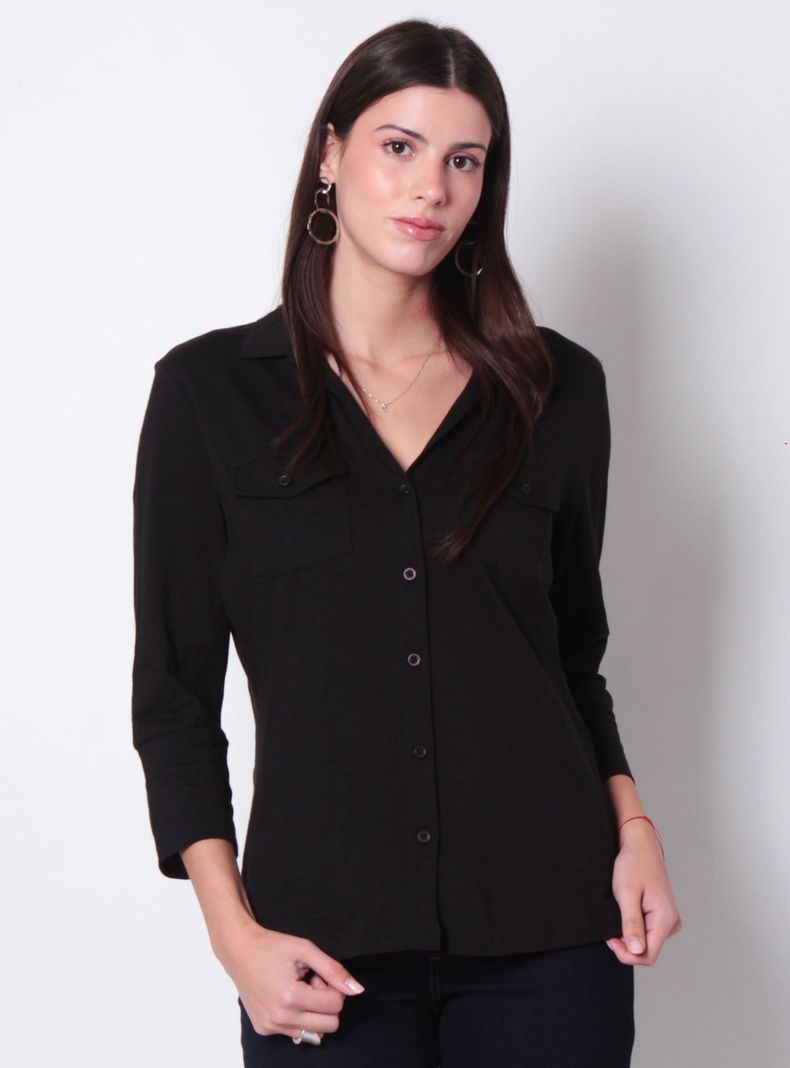 Blusa Manga 3/4 Abotonada en Delantero con Rib en Costado