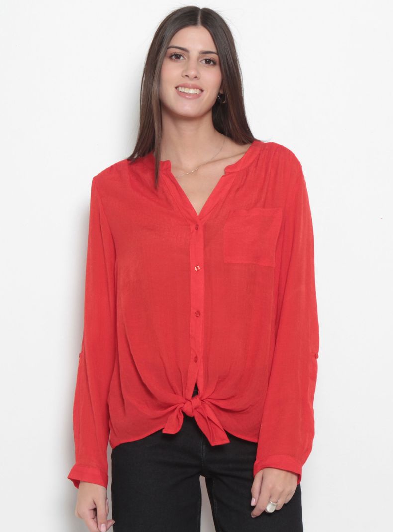 Blusa Escote V Abotonada en Delantero con Bolsillo