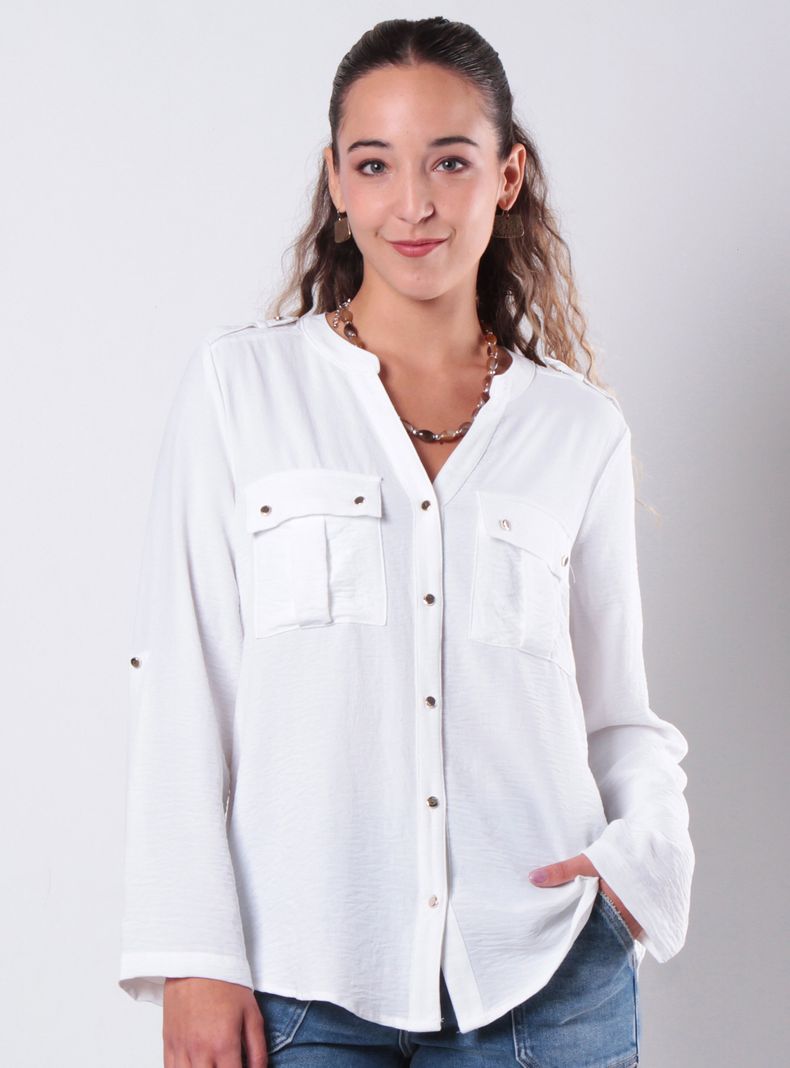Blusa Manga Larga Abotonada con Bolsillo