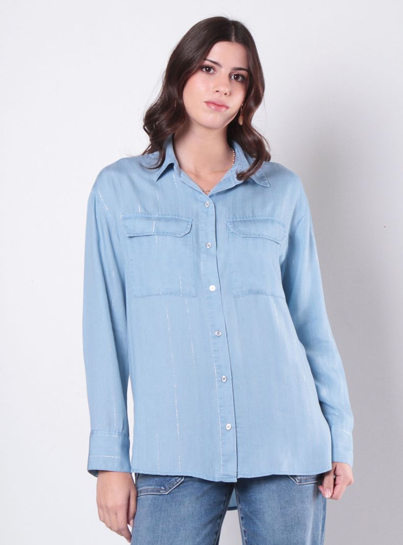 Blusa Tencel Listado Lurex Abotonada en Delantero