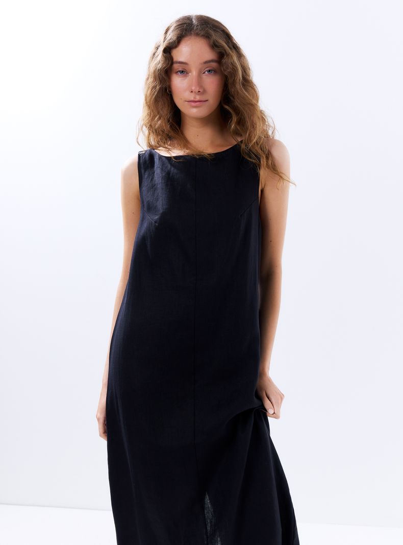 Vestido Cuello Bote Lino con Forro de Algodón