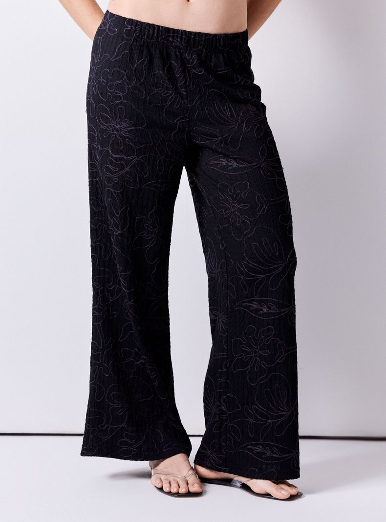 Pantalón Crop Wide Leg con Bordado de Flores