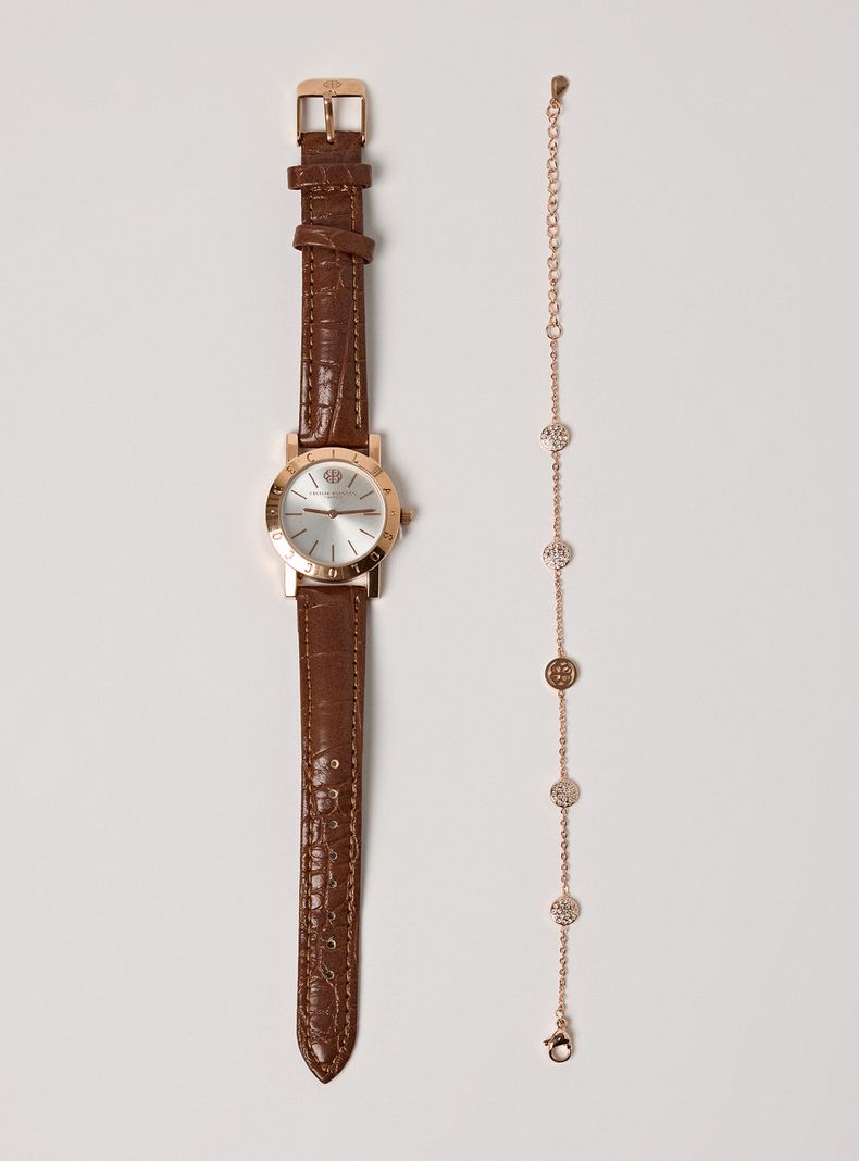 Pack Reloj Análogo Café Mujer + Pulsera Rose Gold