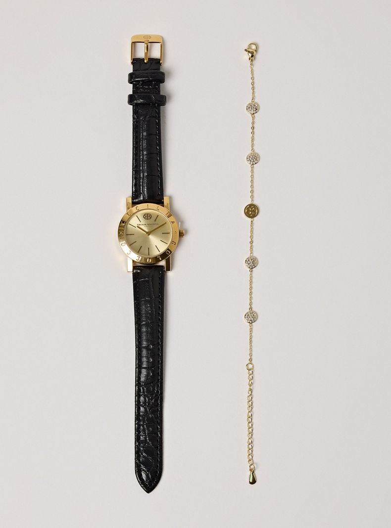 Pack Reloj Análogo Negro Mujer + Pulsera Dorada