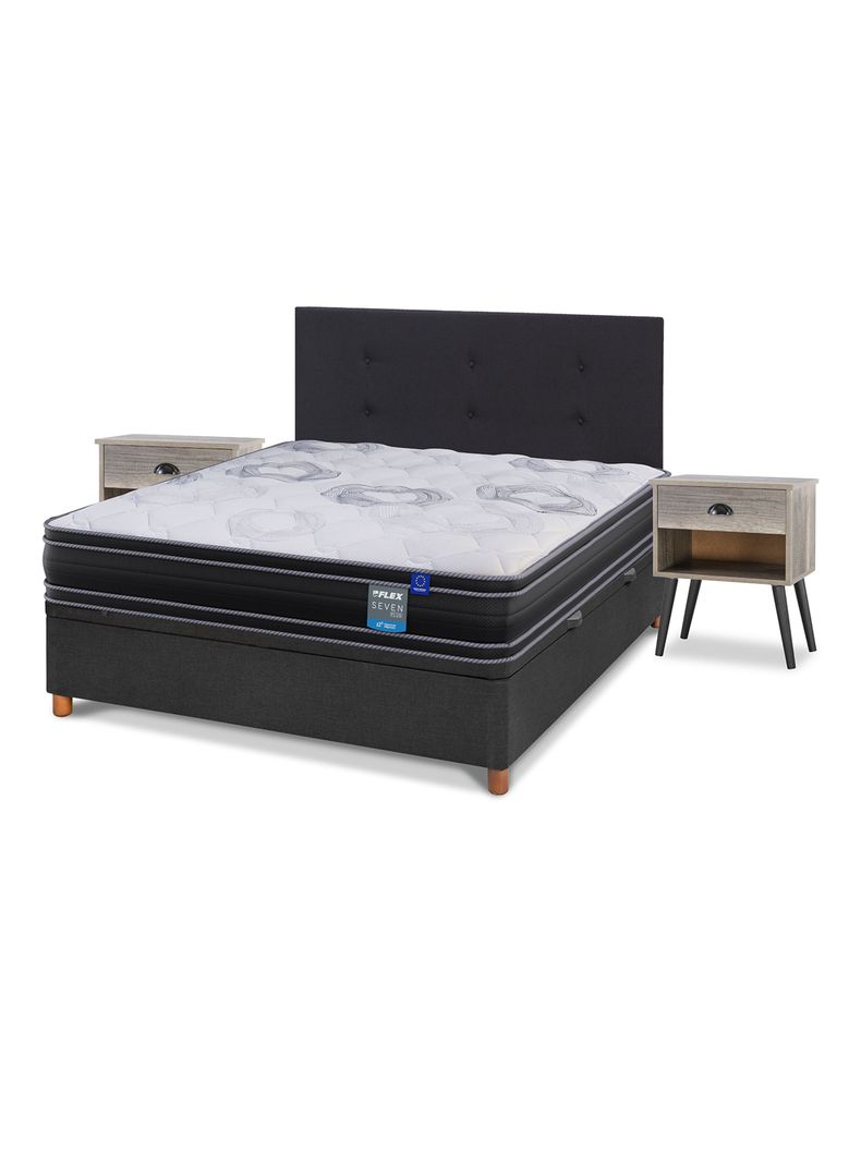 Cama Baúl Seven Plus 2 Plazas + Respaldo Royal Negro + Velador Rock -0
