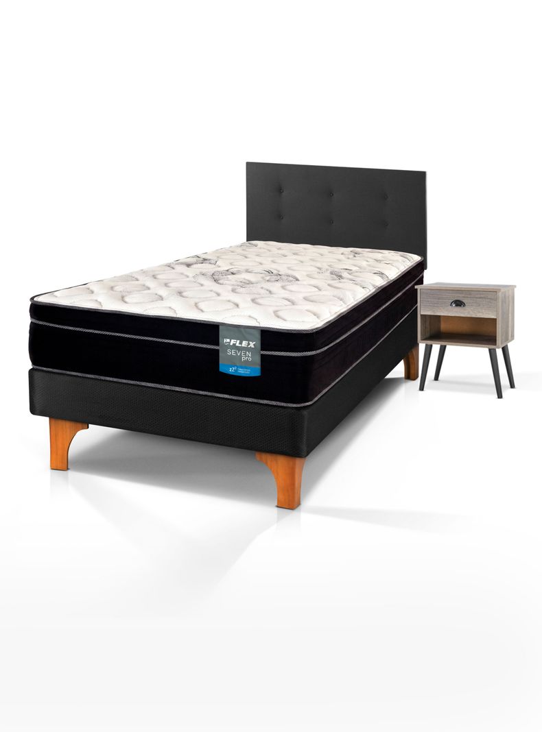 Cama Europea Seven Pro 1.5 Plazasaza + Respaldo Royal + Velador Rock