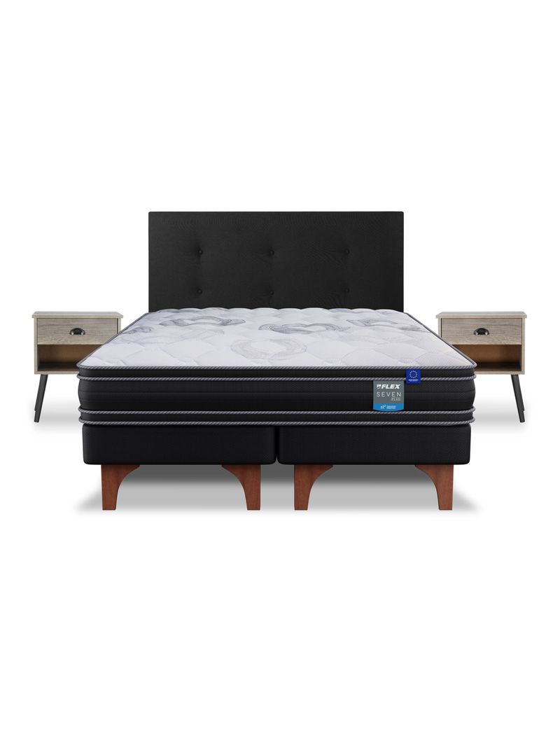 Cama Europea Seven Plus 2 Plazas Base Dividida + Respaldo Royal Negro + Velador Rock-2
