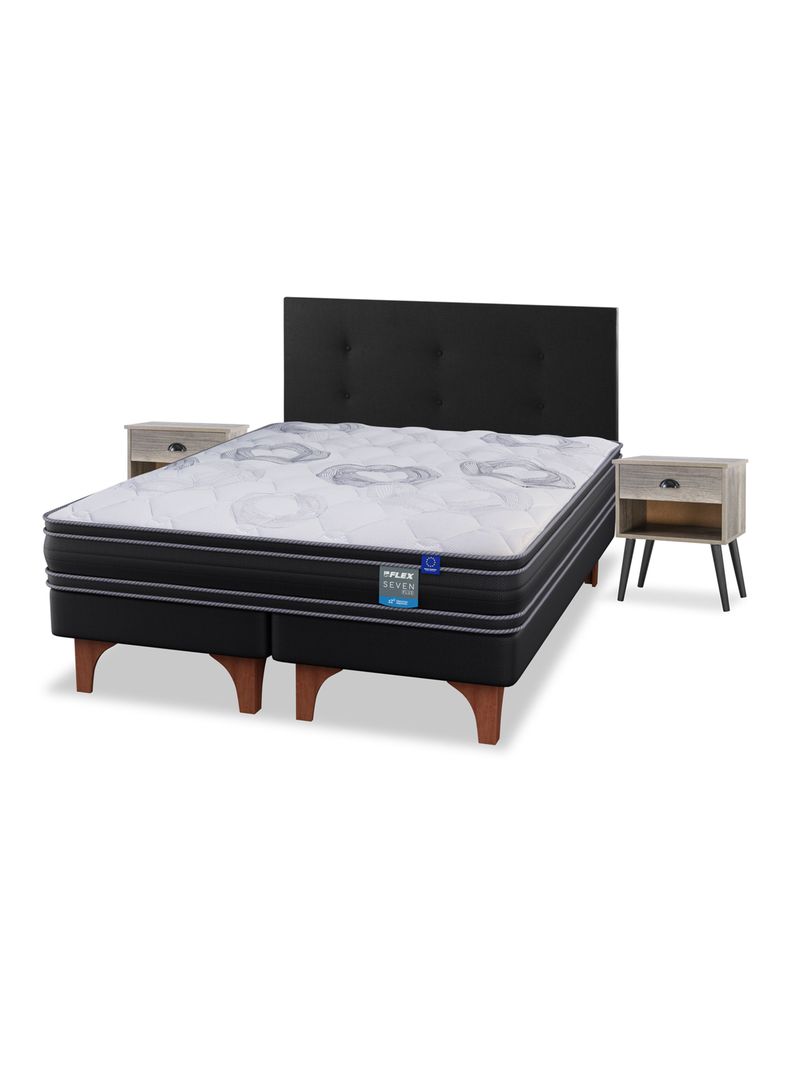 Cama Europea Seven Plus 2 Plazas Base Dividida + Respaldo Royal Negro + Velador Rock-0